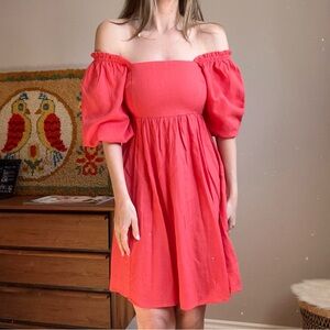 Abel The Label Puff Sleeve Off-Shoulder Coral Linen Dress Size XS